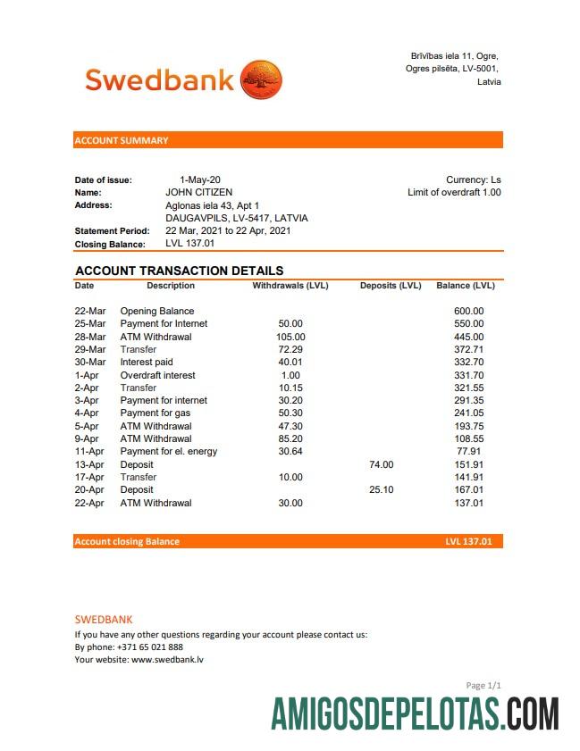 Extrato bancário do Letônia Swedbank em branco Modelo fácil de preencher em formato de arquivo .xls e .pdf